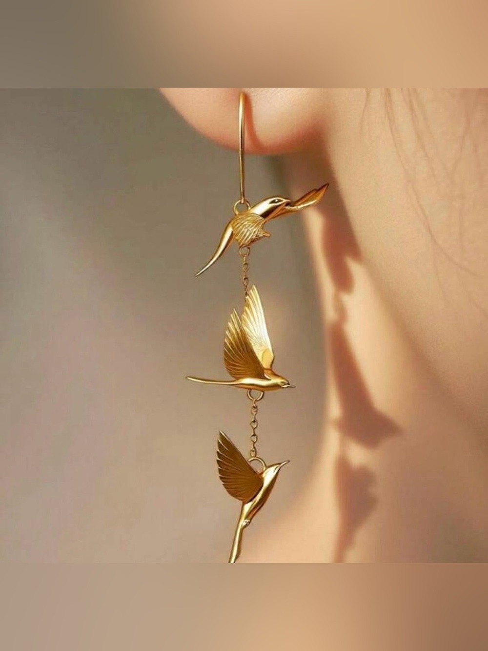 Gold Bird Drop Earrings Q1126 - Picture 3 of 4